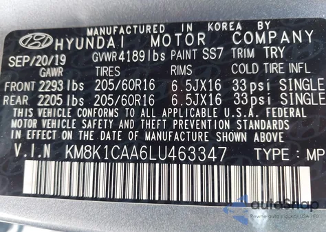 2020 Hyundai Kona Se из США, поврежденный, VIN KM8K1CAA6LU463347